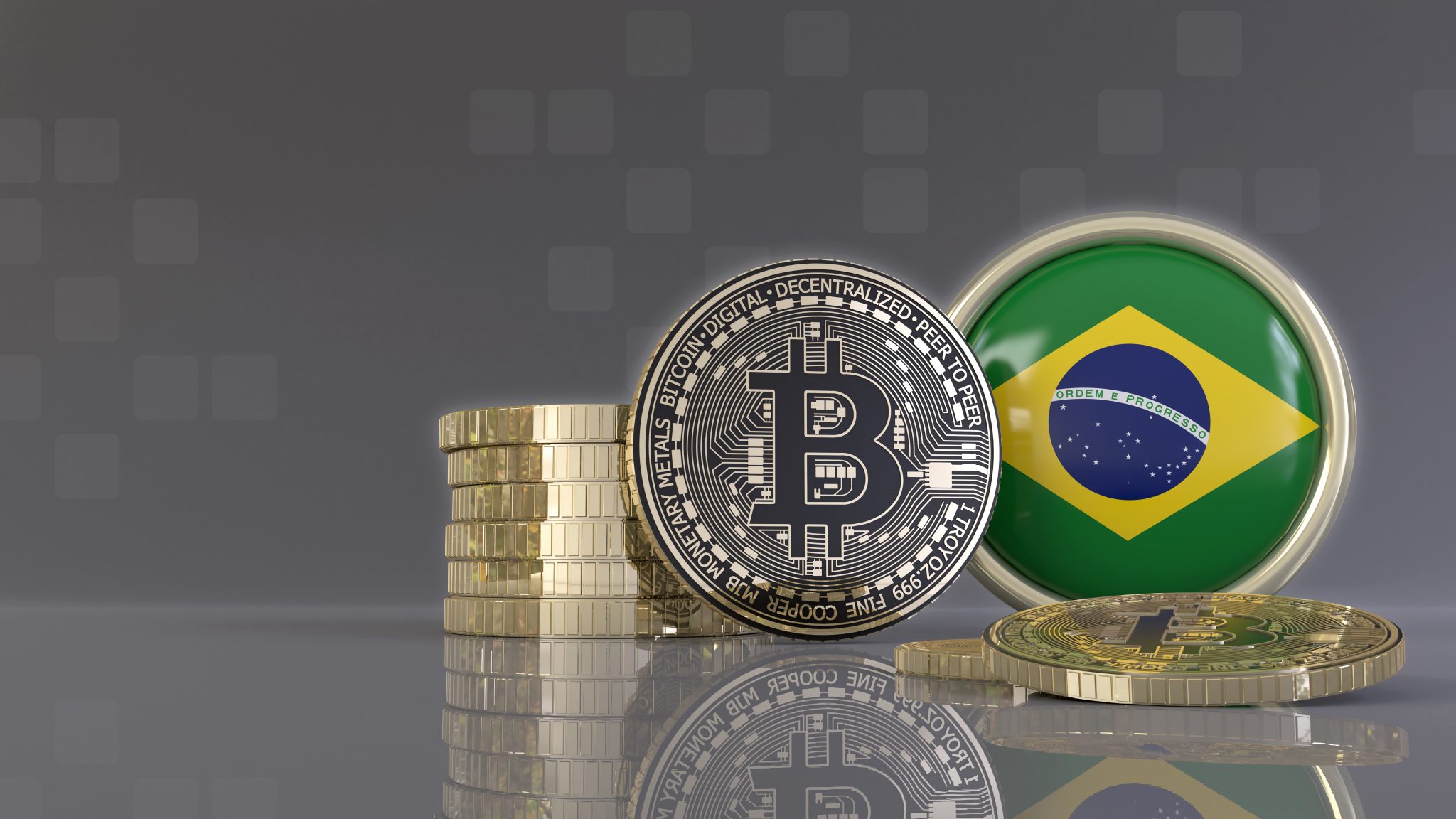 3d rendering of some metallic Bitcoins in front of an badge with the Brazilian flag