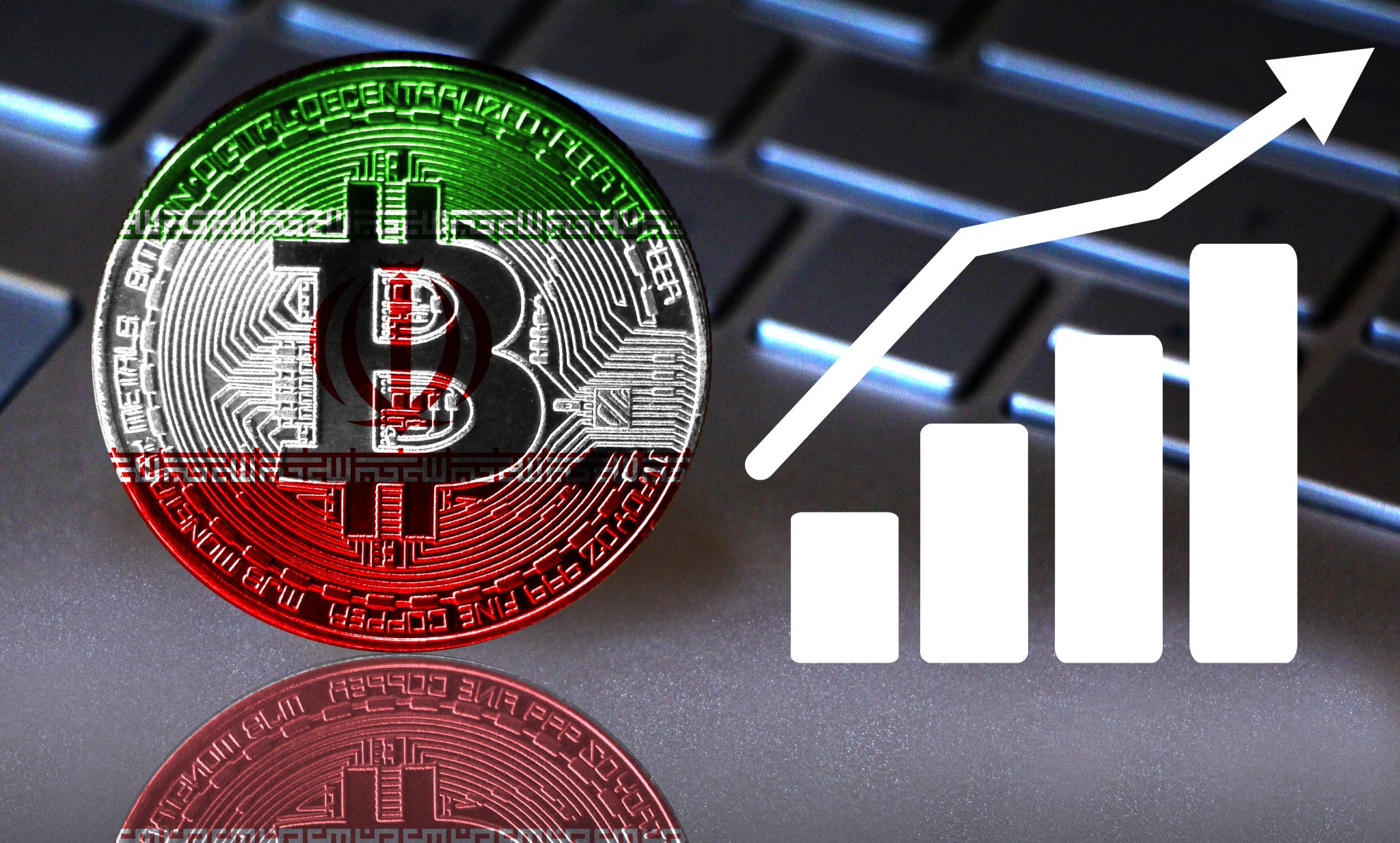 Bitcoin close-up on the keyboard background, the Iran flag is shown on the bitcoin. Also the growth chart is shown.