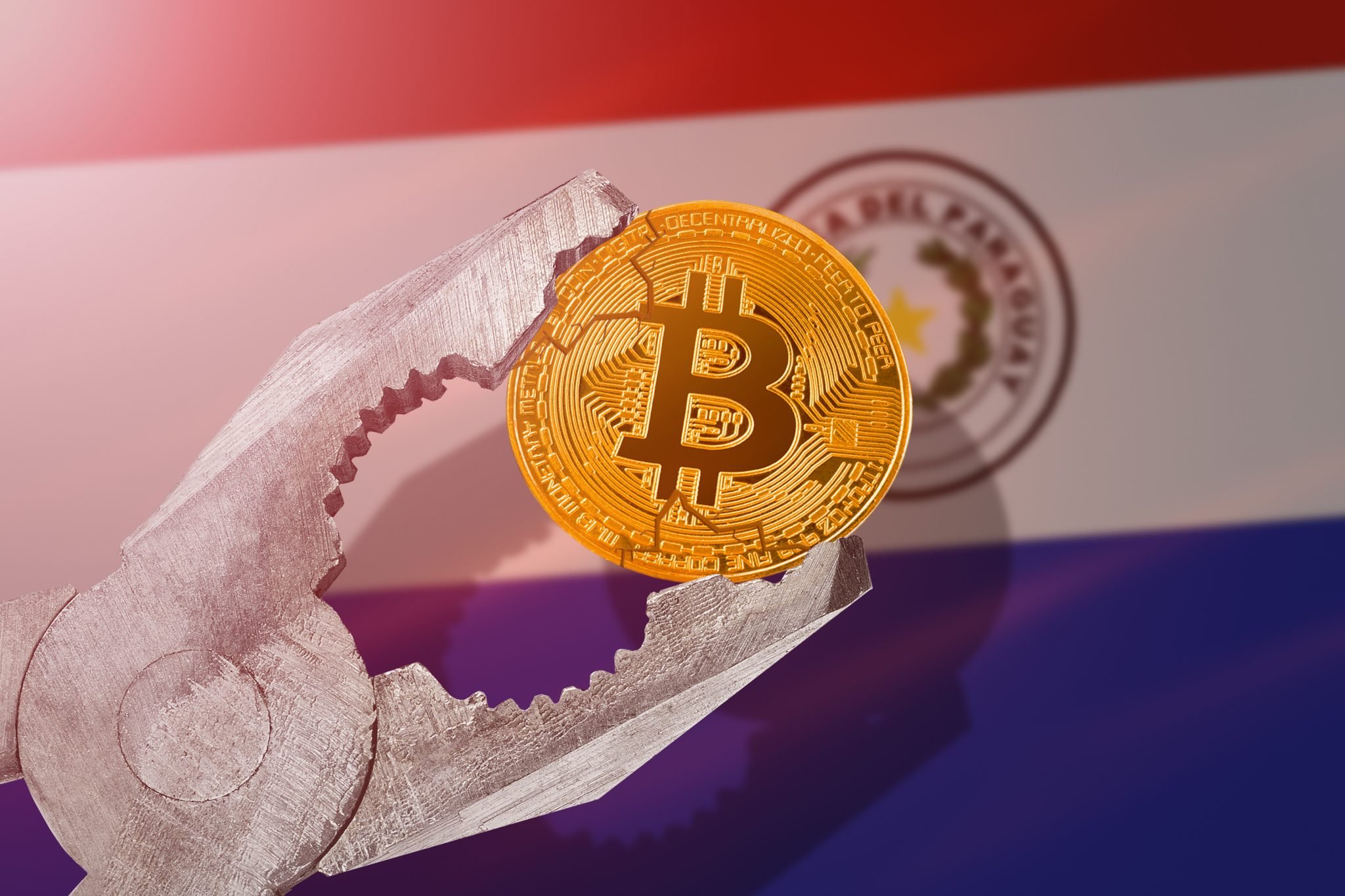 Bitcoin regulation in Paraguay; bitcoin btc coin being squeezed in vice on Paraguay flag background; limitation, prohibition, illegally, banned
