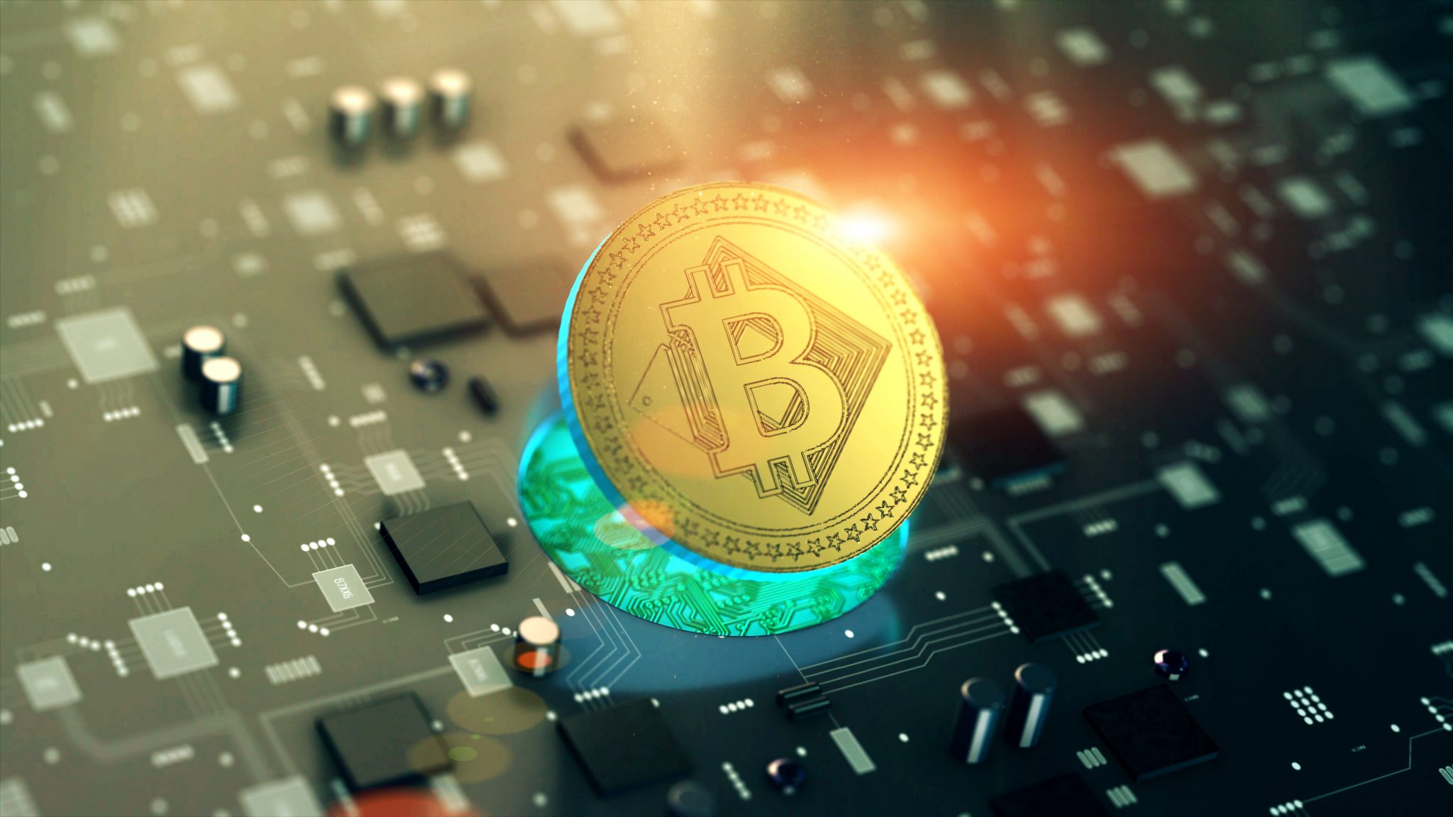 Digital cryptocurrency Bitcoin symbol on circuit board