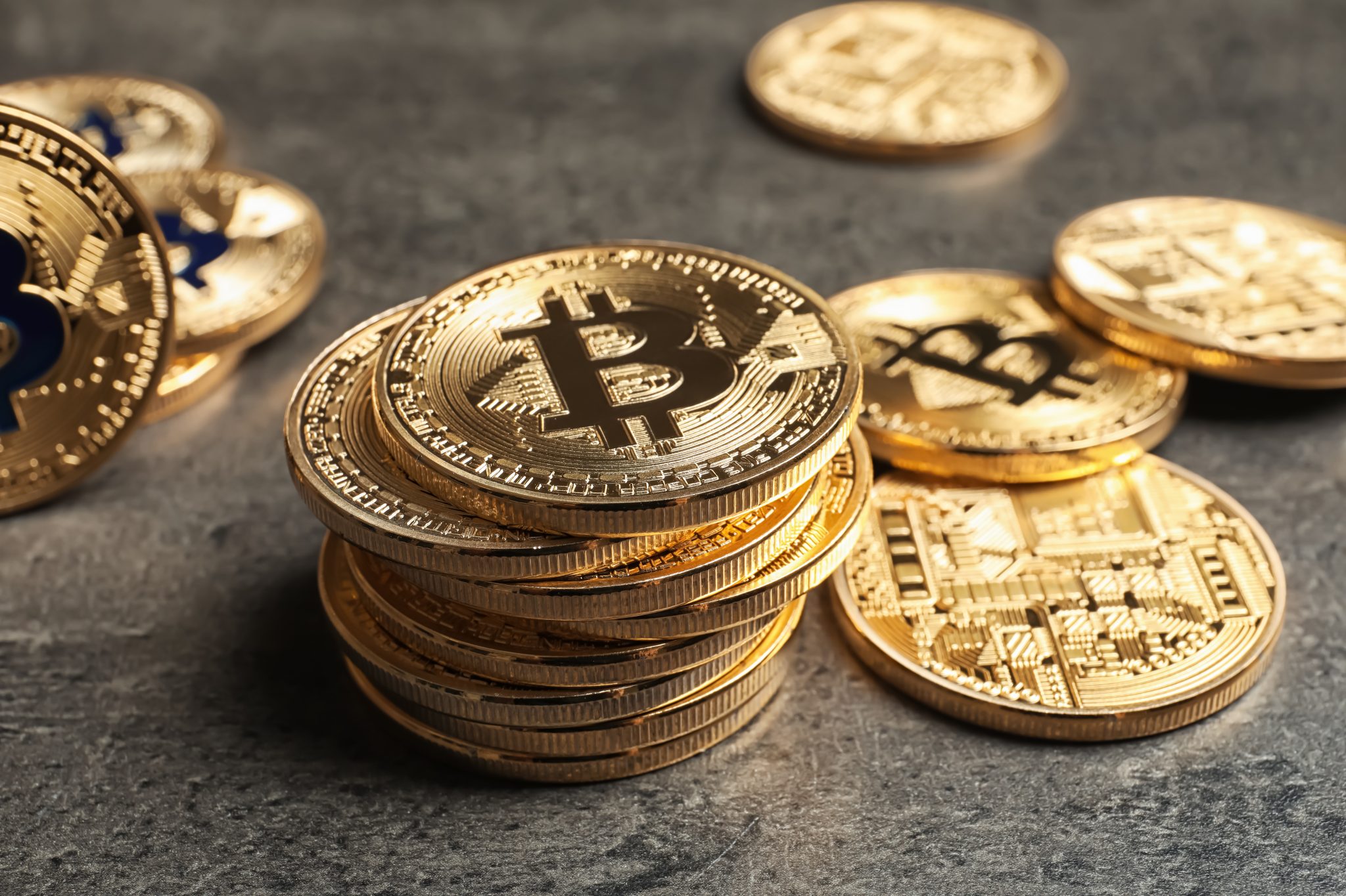 Golden bitcoins on grey