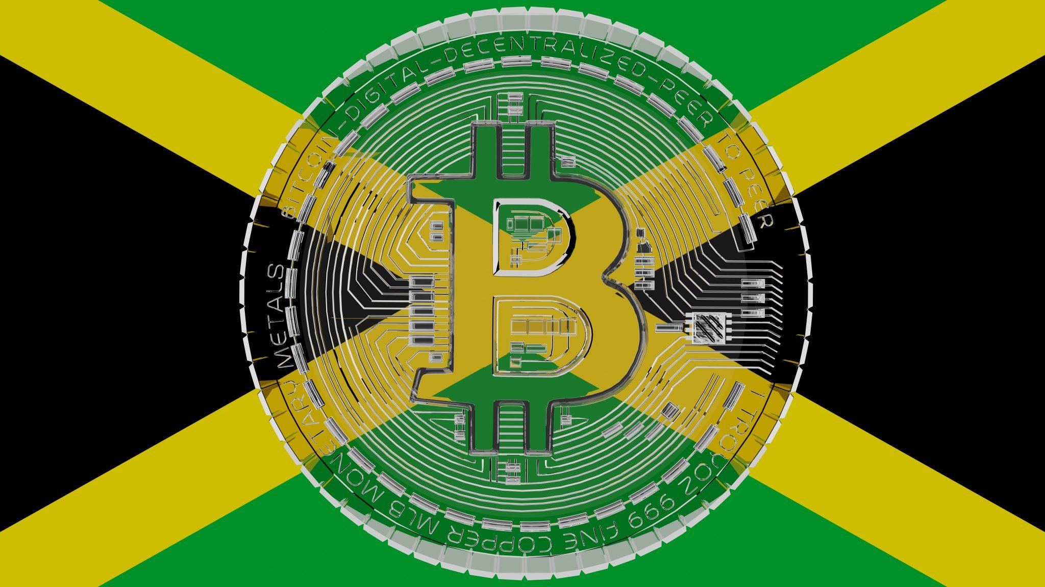 Large transparent Glass Bitcoin in center and on top of the Country Flag of Jamaica
