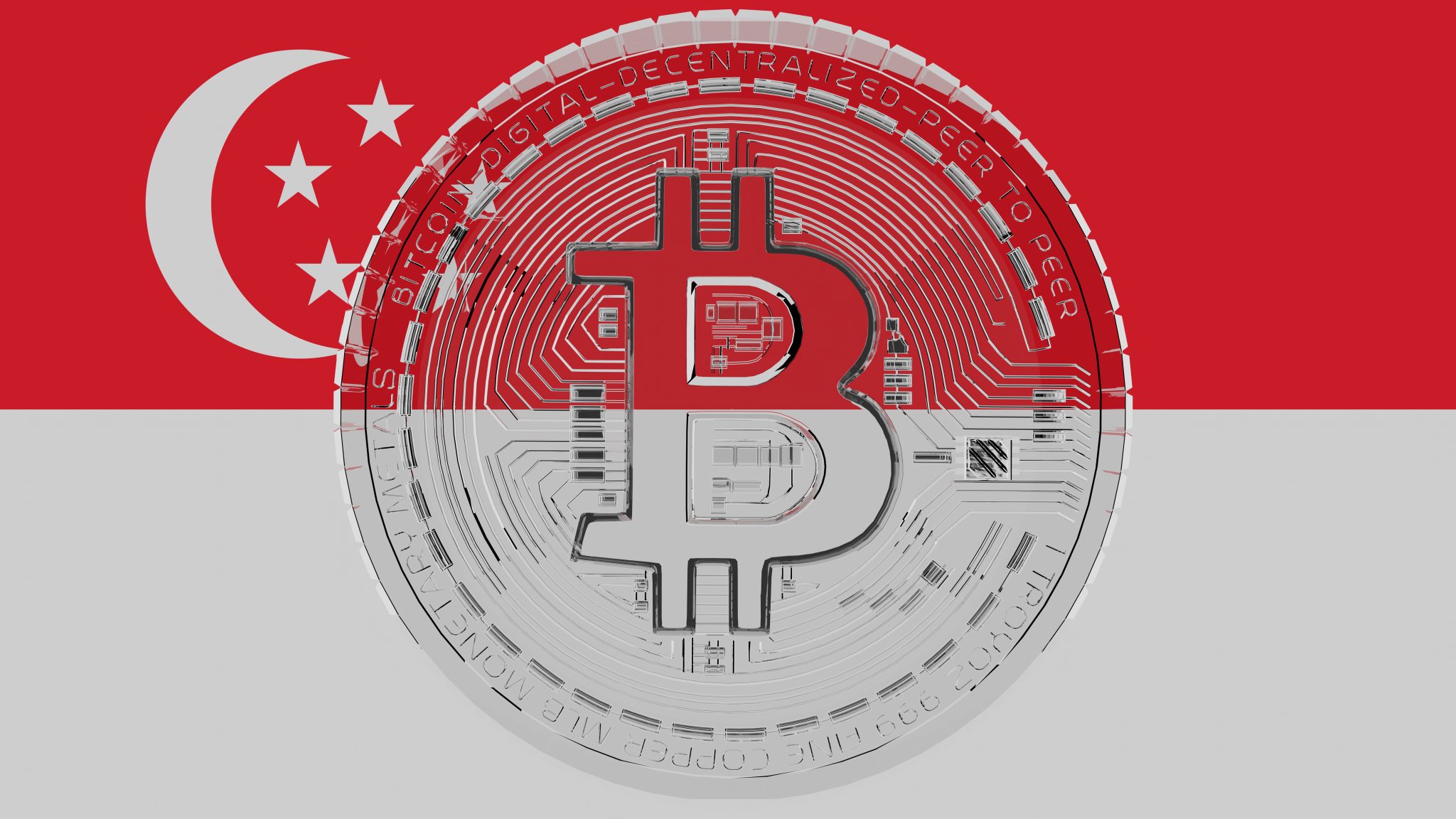 Large transparent Glass Bitcoin in center and on top of the Country Flag of Singapore