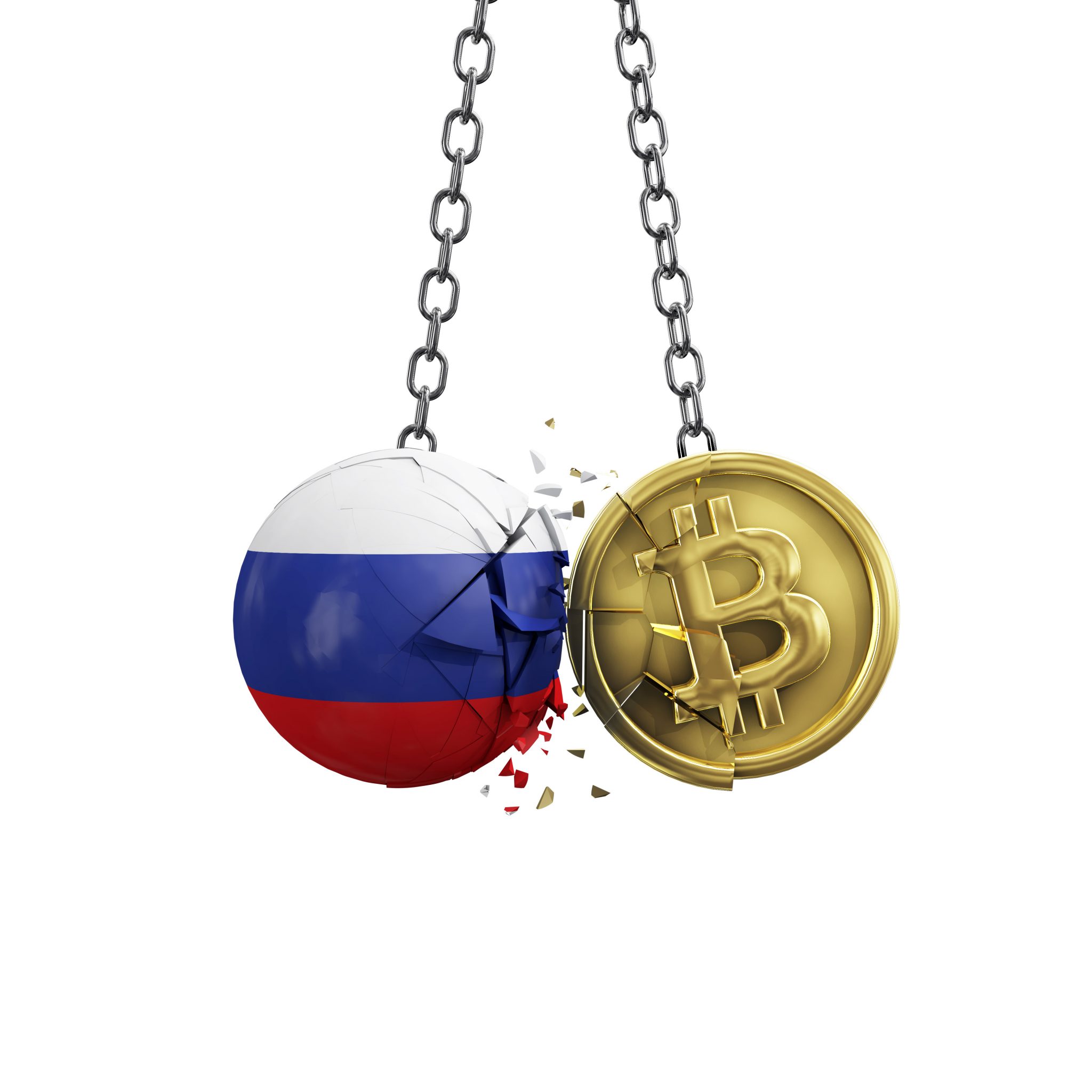 Russia flag smashing into a gold bitcoin crypto coin. 3D Rendering