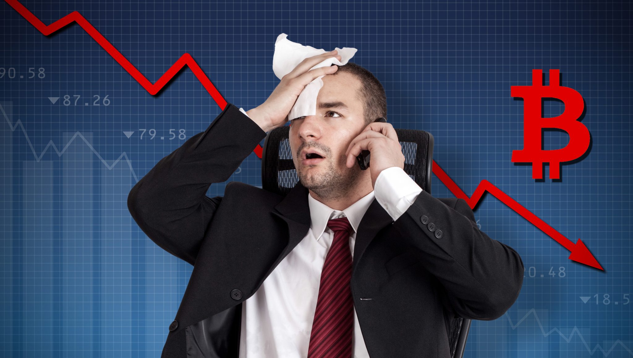Bitcoin crisis, currency collapse. Broker holding forehead