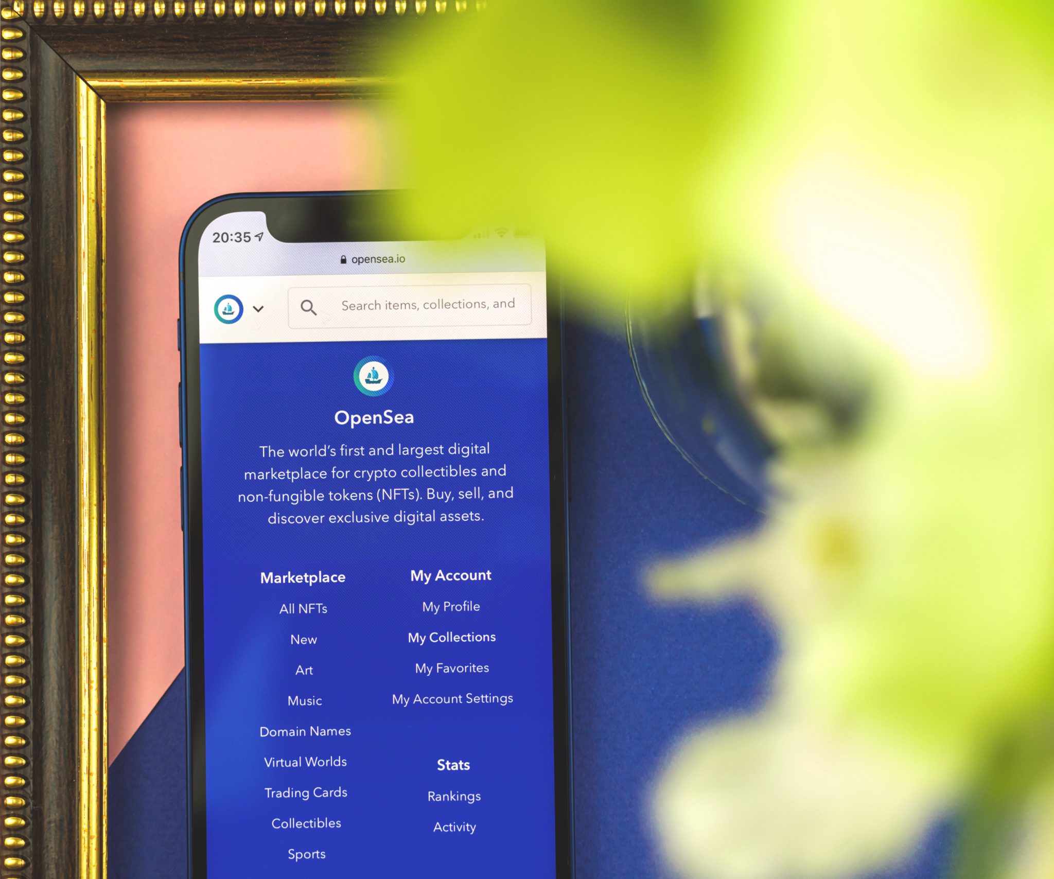 Kharkov, Ukraine - May 27, 2021: Opensea.io icon of NFT marketplace website, close up photo