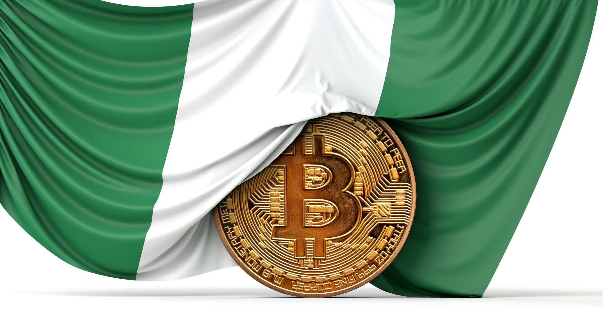 Nigeria flag draped over a bitcoin cryptocurrency coin. 3D Rendering
