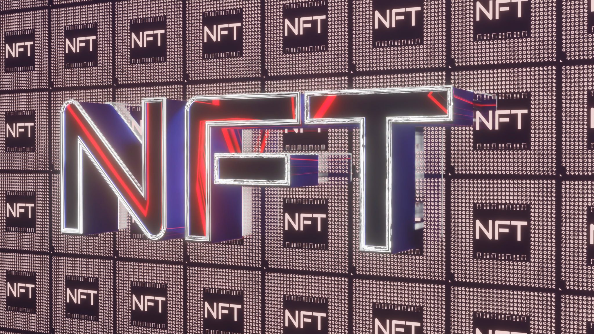 three-dimensional glowing red nft inscription on a dark background. crypto art concept. 3d render illustration