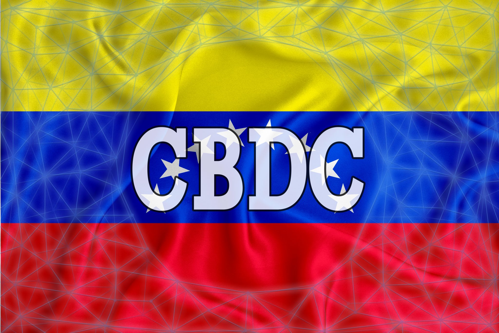 Venezuela flag with the inscription CBDC (Central Bank Digital Currency) and a blockchain grid around. Graphic concept for your design. 3d rendering